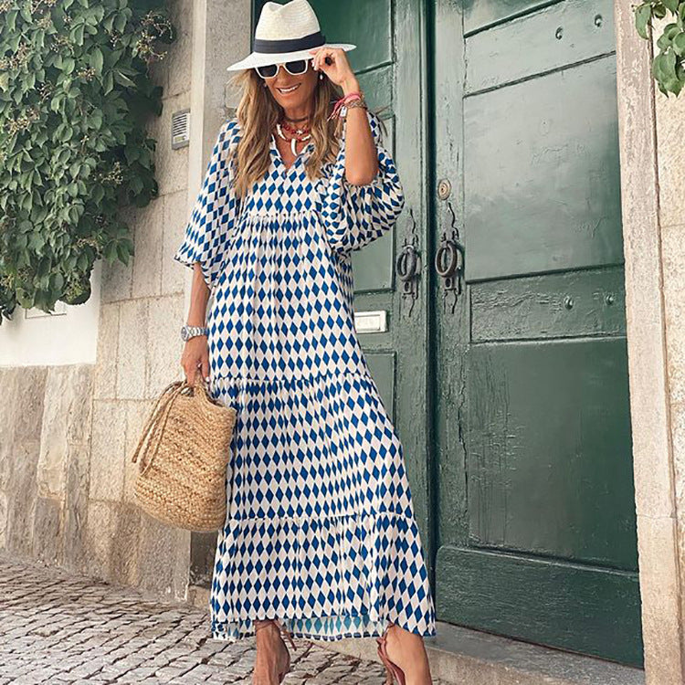 New Geometric Collage Puff Sleeve Dress Street Plus Size Women Clothing