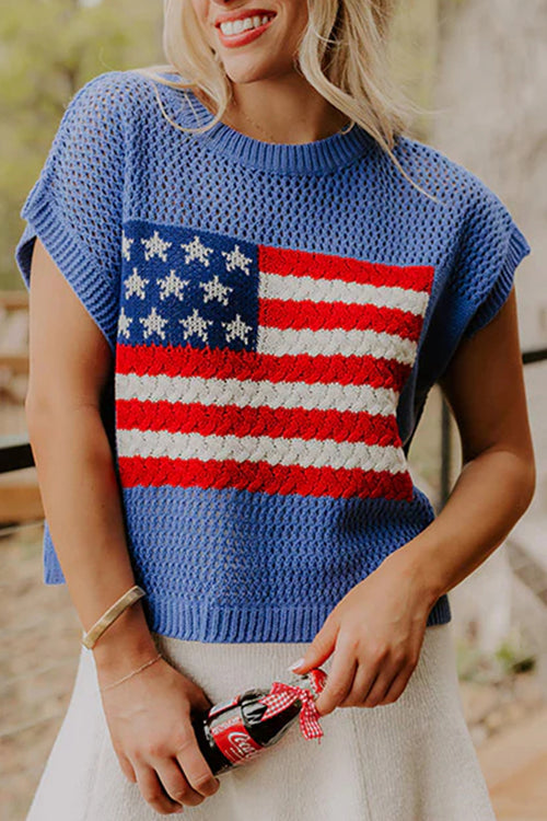 Sky Blue Flag Graphic Short Sleeve Sweater Top - The Nicole Sinzinkayo Co.