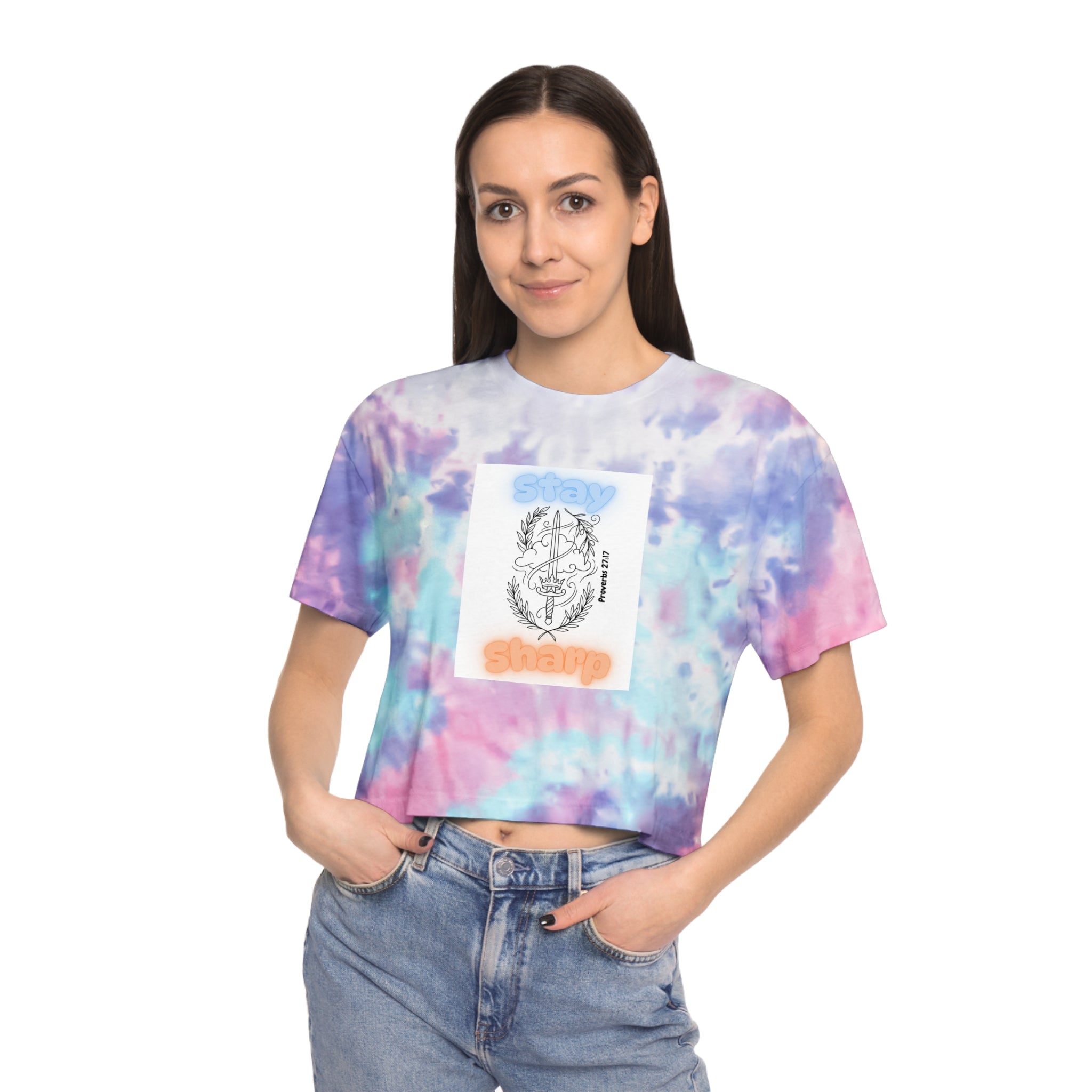 Tie-Dye Crop Tee — "Stay Sharp" Anchor Graphic, Pastel Blue Beach Vibe