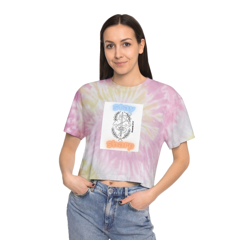 Tie-Dye Crop Tee — "Stay Sharp" Anchor Graphic, Pastel Blue Beach Vibe