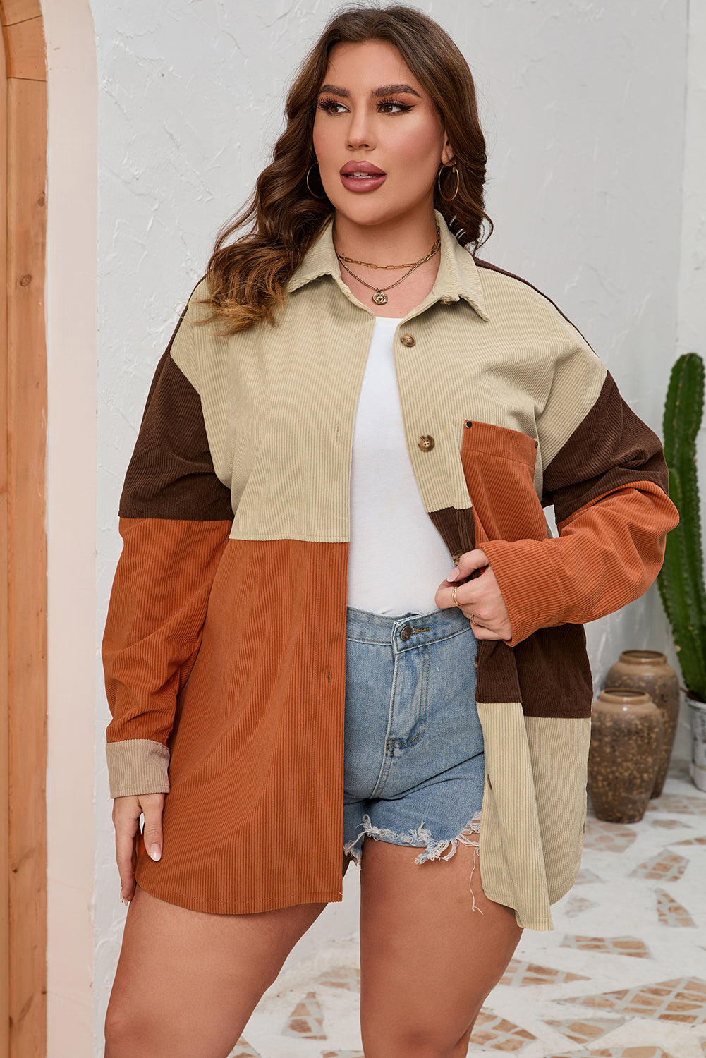 Brown Corduroy Colorblock Pocket Plus Size Jacket