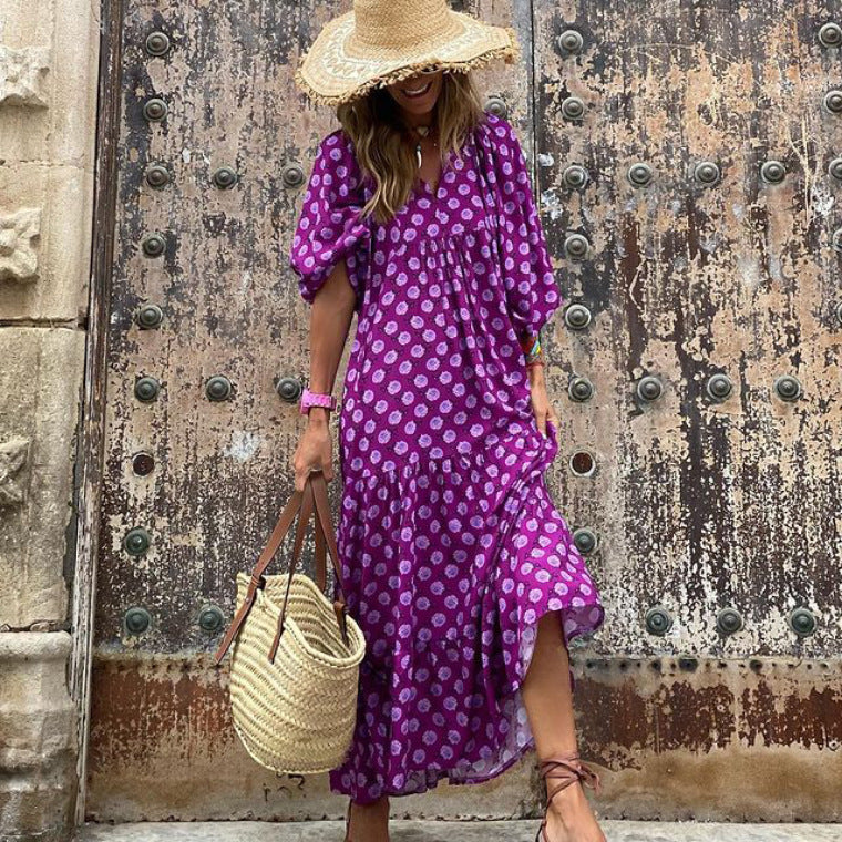New Geometric Collage Puff Sleeve Dress Street Plus Size Women Clothing