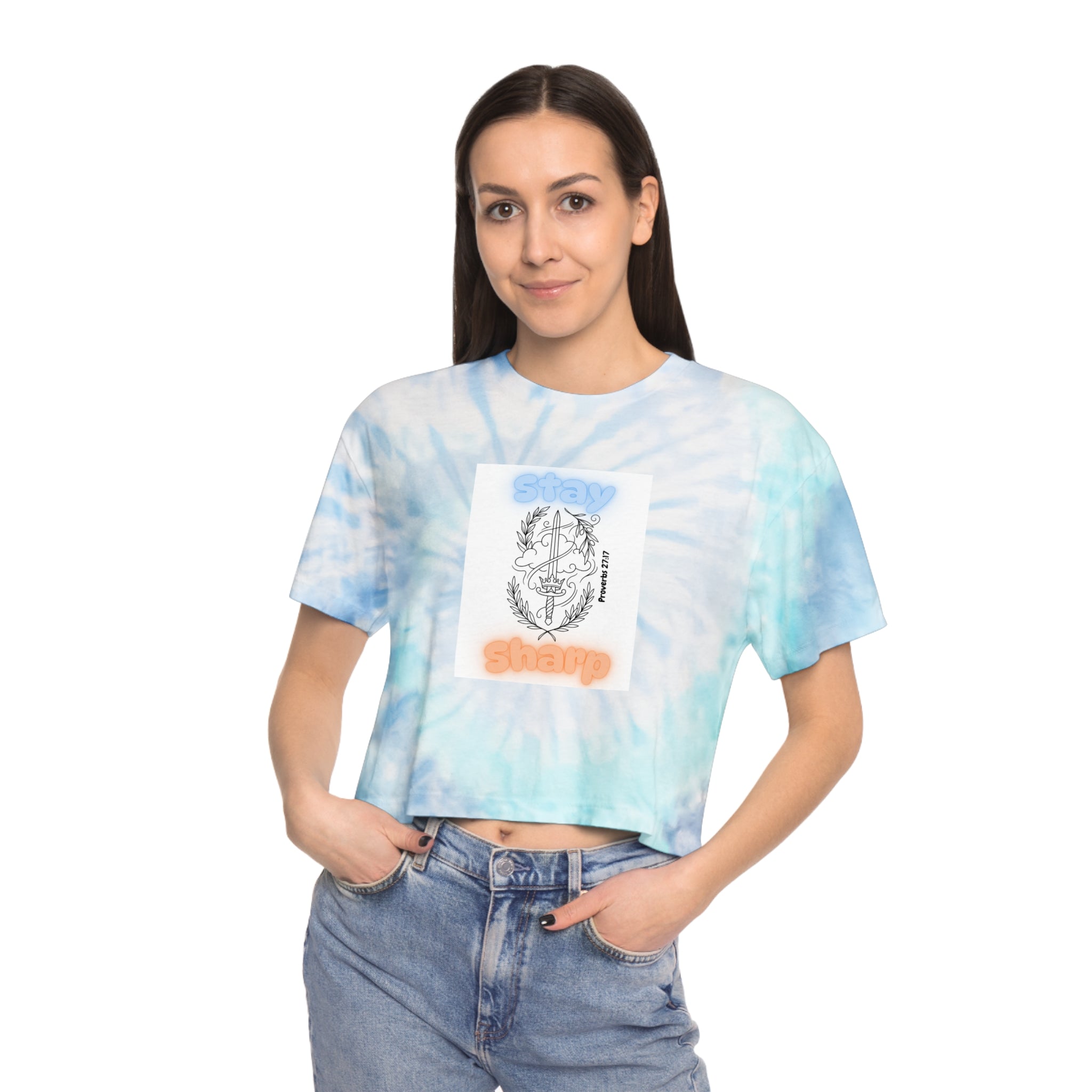 Tie-Dye Crop Tee — "Stay Sharp" Anchor Graphic, Pastel Blue Beach Vibe