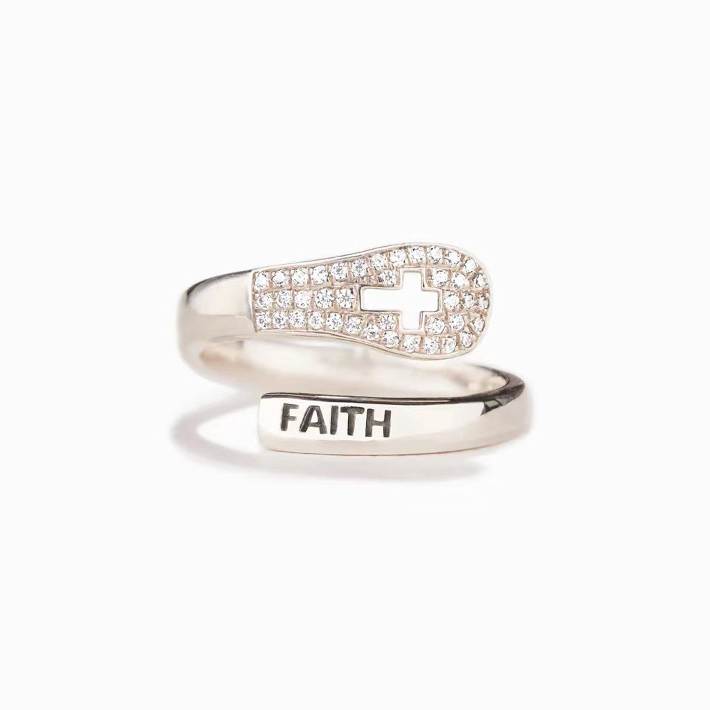 Pure Silver Faith Cross Zircon Ring Women's Simple and Fashionable European and American Style Food Ring Silver Jewelry