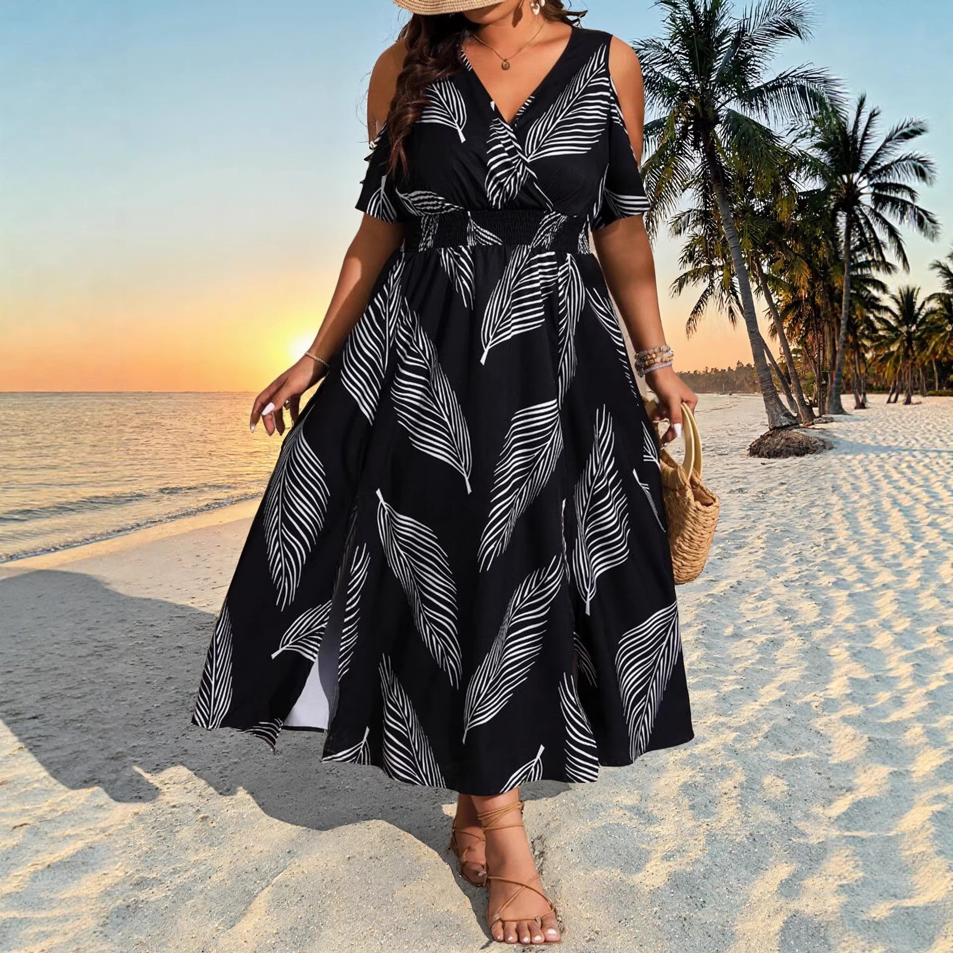 Printed resort-style bohemian plus-size sexy slit dress for women