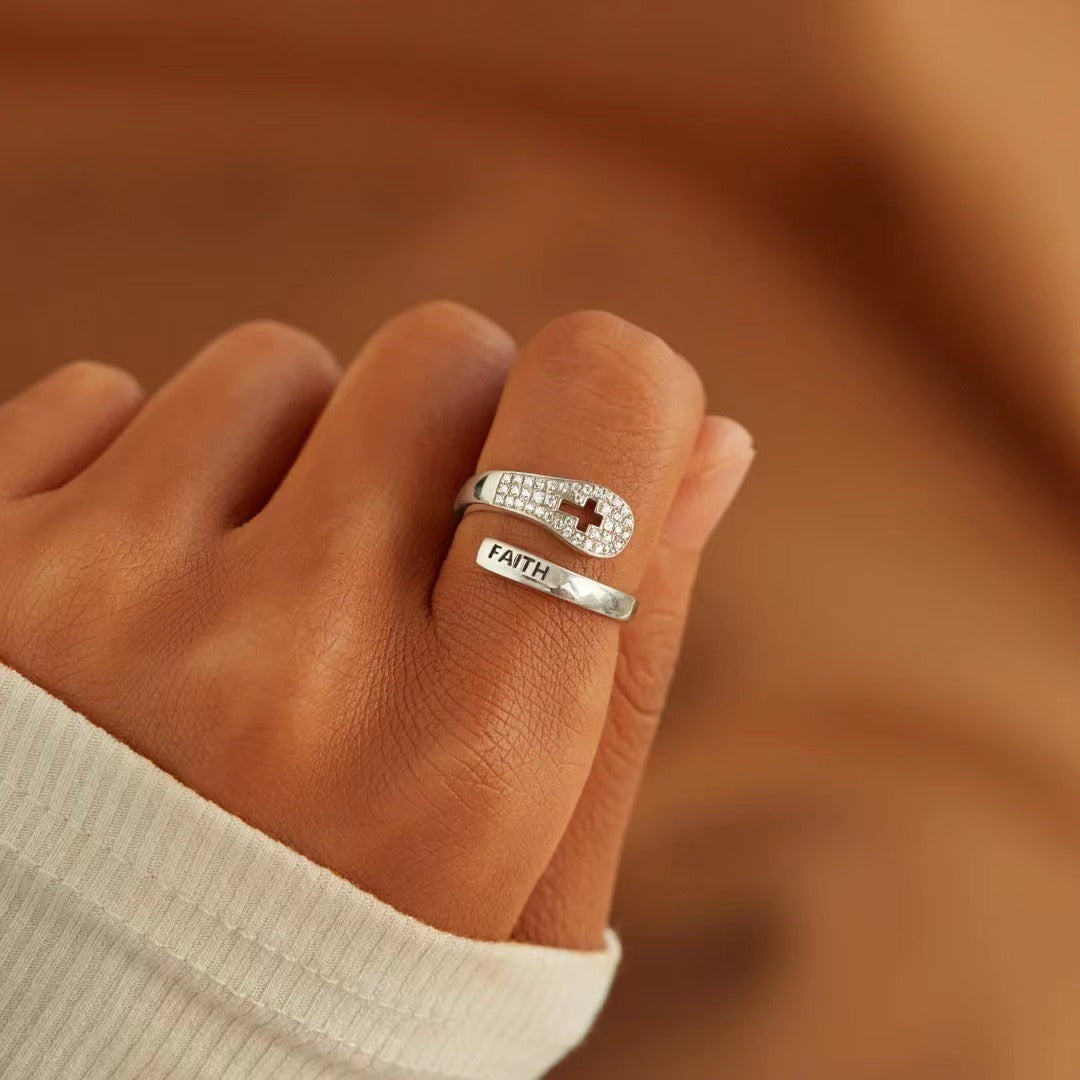 Pure Silver Faith Cross Zircon Ring Women's Simple and Fashionable European and American Style Food Ring Silver Jewelry