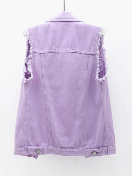 Button Down Raw Hem Sleeveless Denim Jacket Plus Size