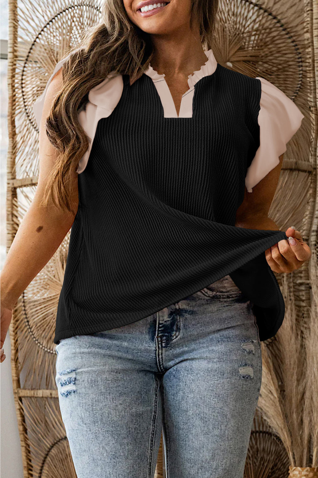 Rose Pink Plus Size Contrast Frilled Neckline Ruffled Short Sleeve Ribbed Textured Blouse - The Nicole Sinzinkayo Co.